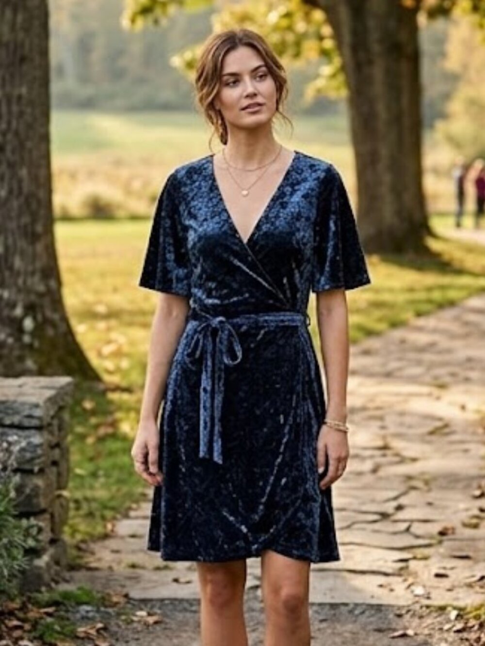 American Eagle Size Medium Crush Velvet Blue Faux Wrap Mini Dress Cottagecore